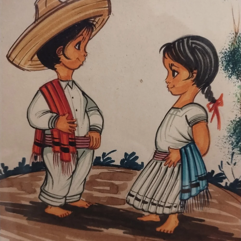 Vintage Mexican Folk Boy Girl Kids Print Framed Picture